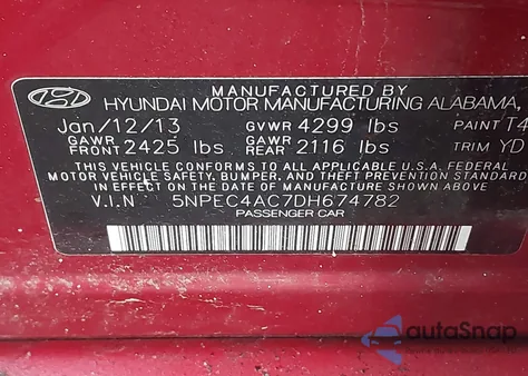 2013 Hyundai Sonata Limited z USA, uszkodzony, nr VIN 5NPEC4AC7DH674782